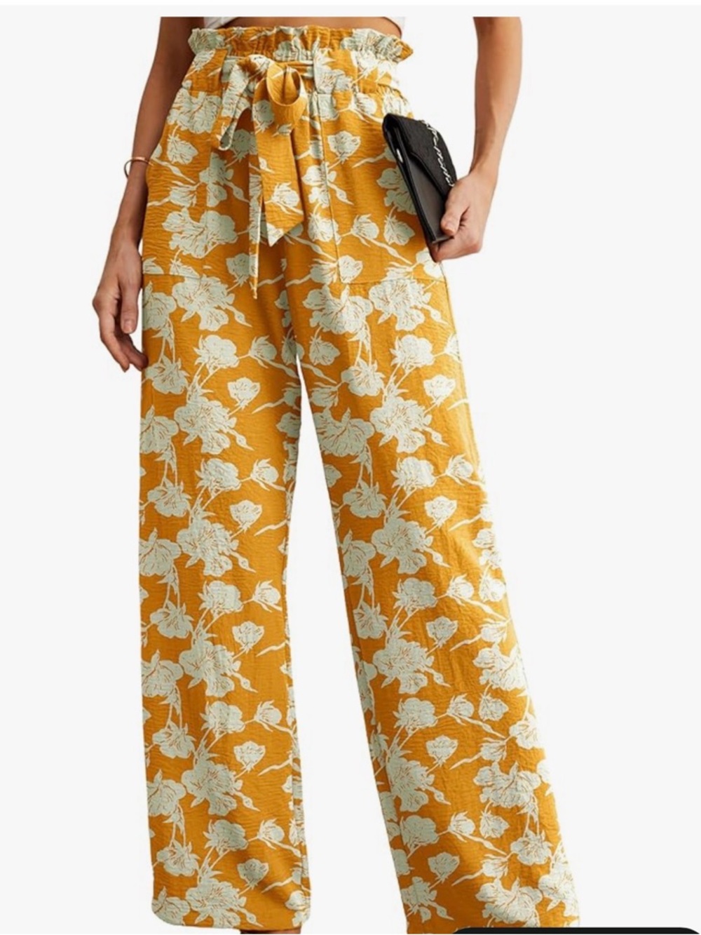 Women's Waist Wide-Leg Floral Pants - Mustard